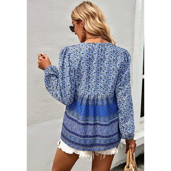 Blue Boho‎ Tassel Floral Printed Tie V-Neck Loose Flowy Long Sleeve Top Blouse - Picture 3 of 6